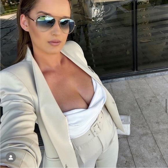 ZARA 2 Piece Lapelless Blazer And High Waisted Belted Pants Ecru - Picture 3 of 3